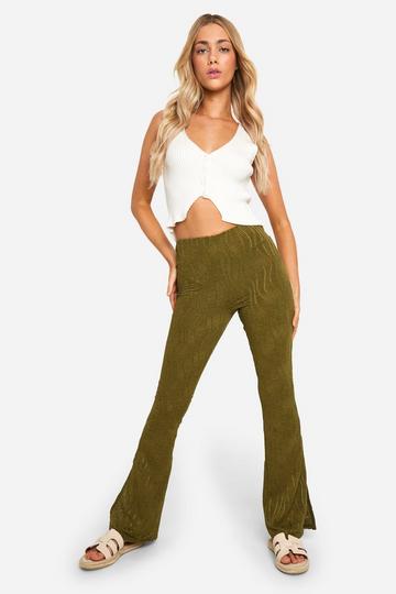 Olive Green Wave Plisse Flared Trouser