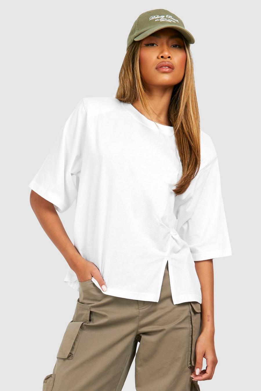 Kastiges Oversize T-Shirt mit Schulterpolstern und Knoten-Saum, White