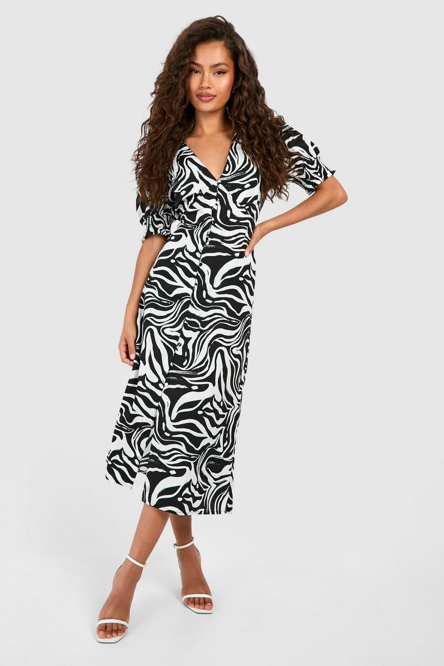Black Zebra Shirred Cuff Midi Dress image number 1
