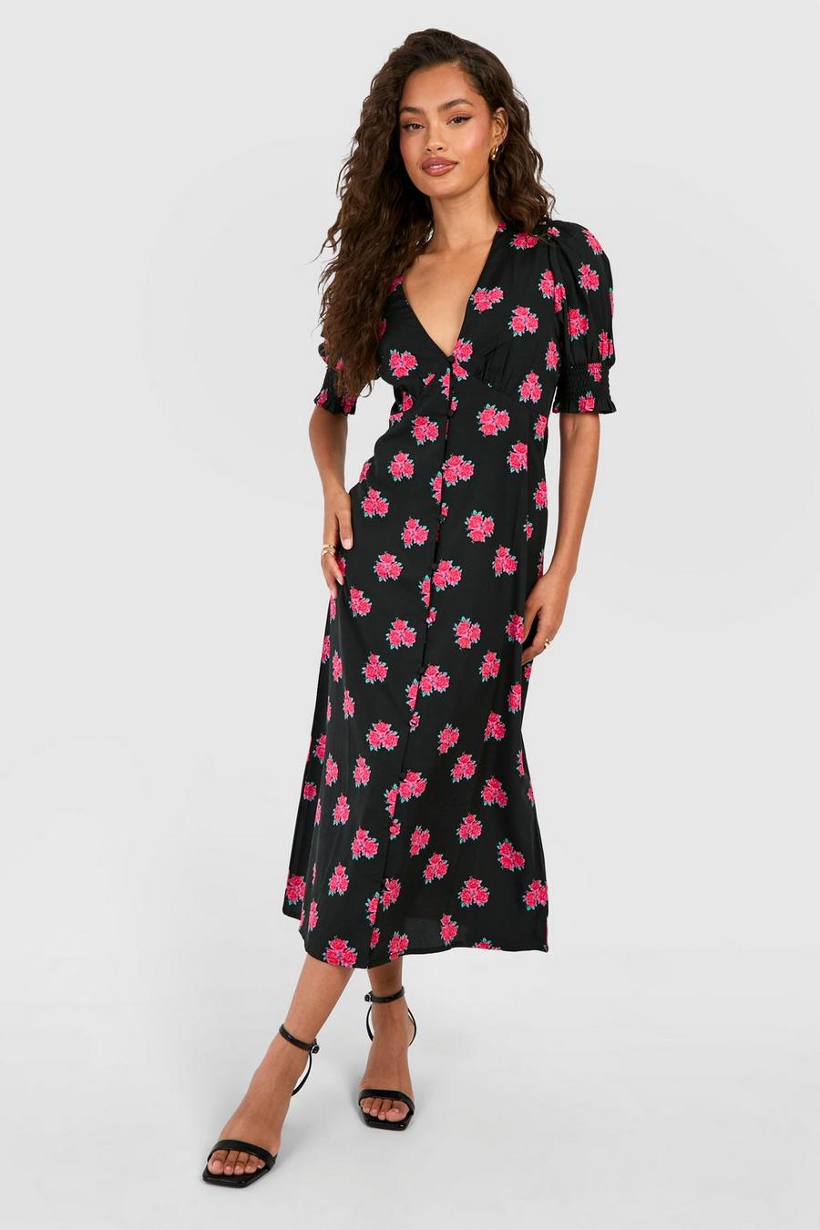 Black Ditsy Floral Shirred Cuff Midi Dress image number 1