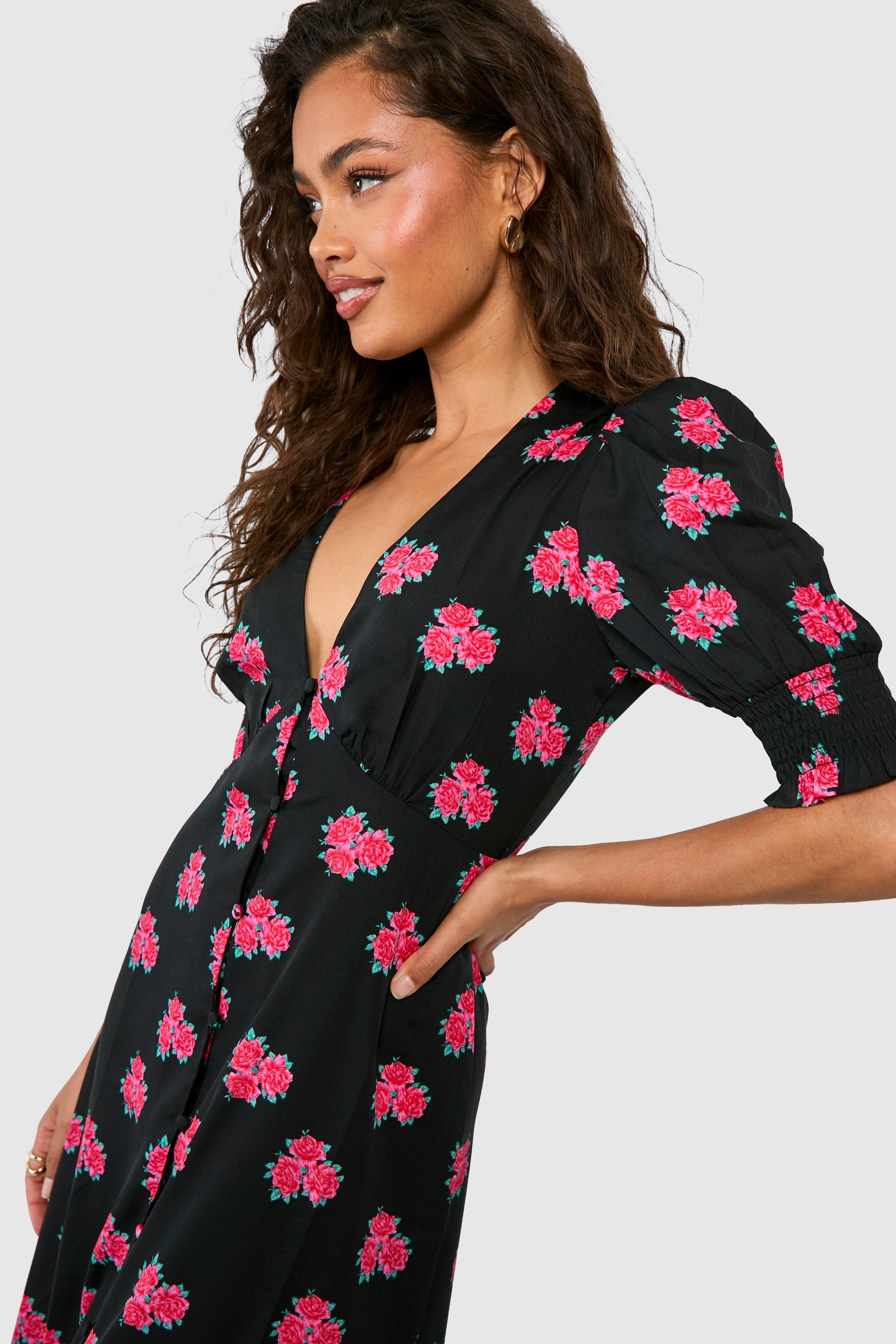 Ditsy Floral Shirred Cuff Midi Dress boohoo NZ