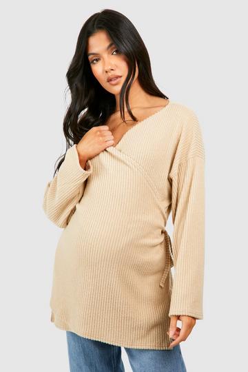 Maternity Soft Rib Wrap Top sand