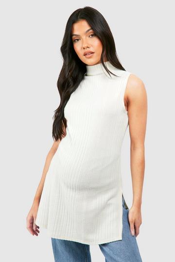 Maternity Sleeveless High Neck Side Split Sweater ivory