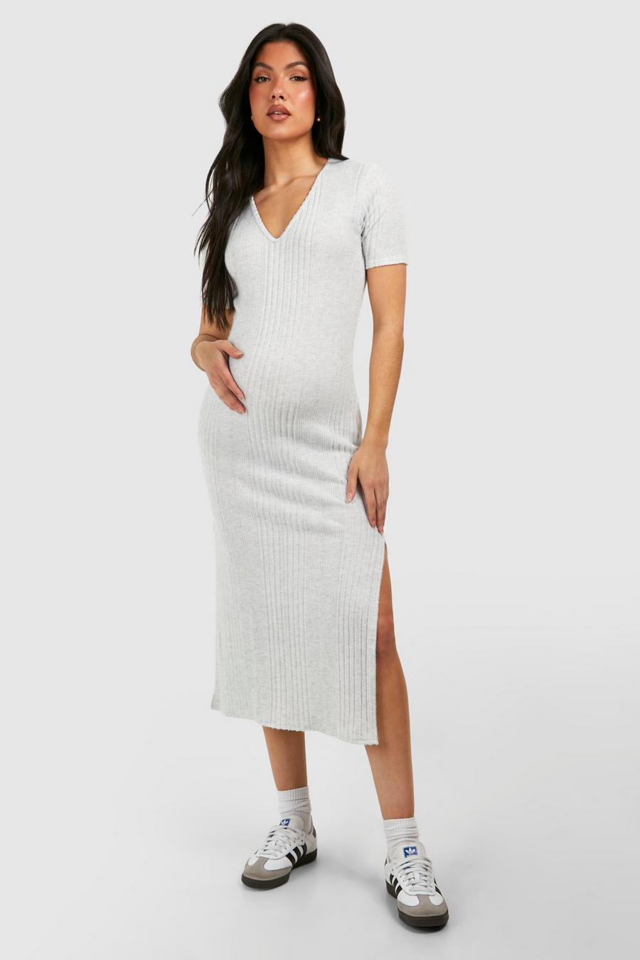 Light grey Maternity Soft Rib Short Sleeve Midi Dress