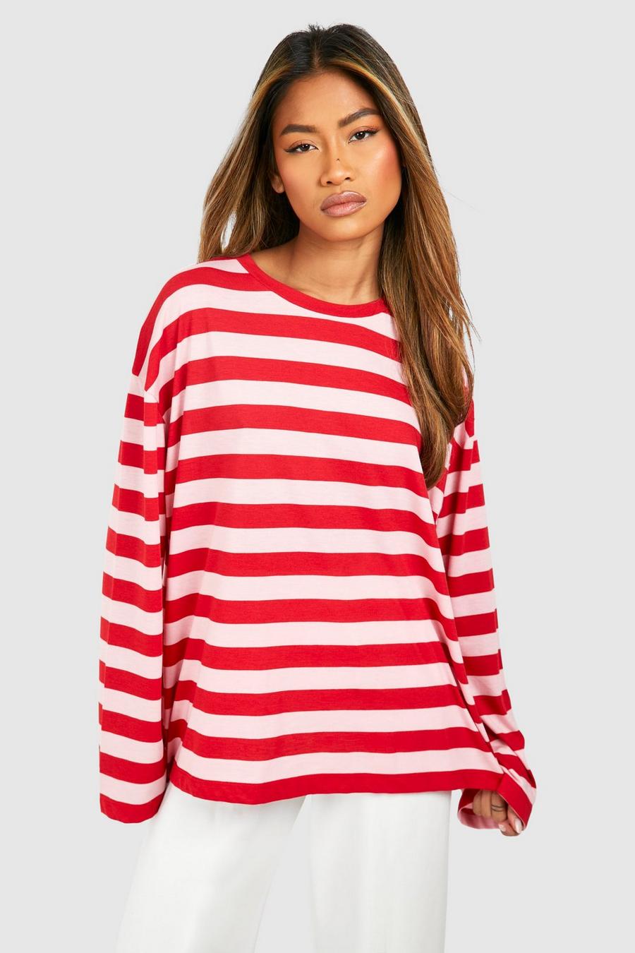 Red Wide Sleeve Stripe T-shirt  image number 1