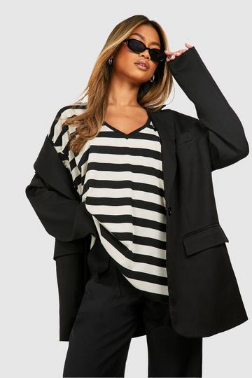 Short Sleeve V Neck Striped T-shirt black