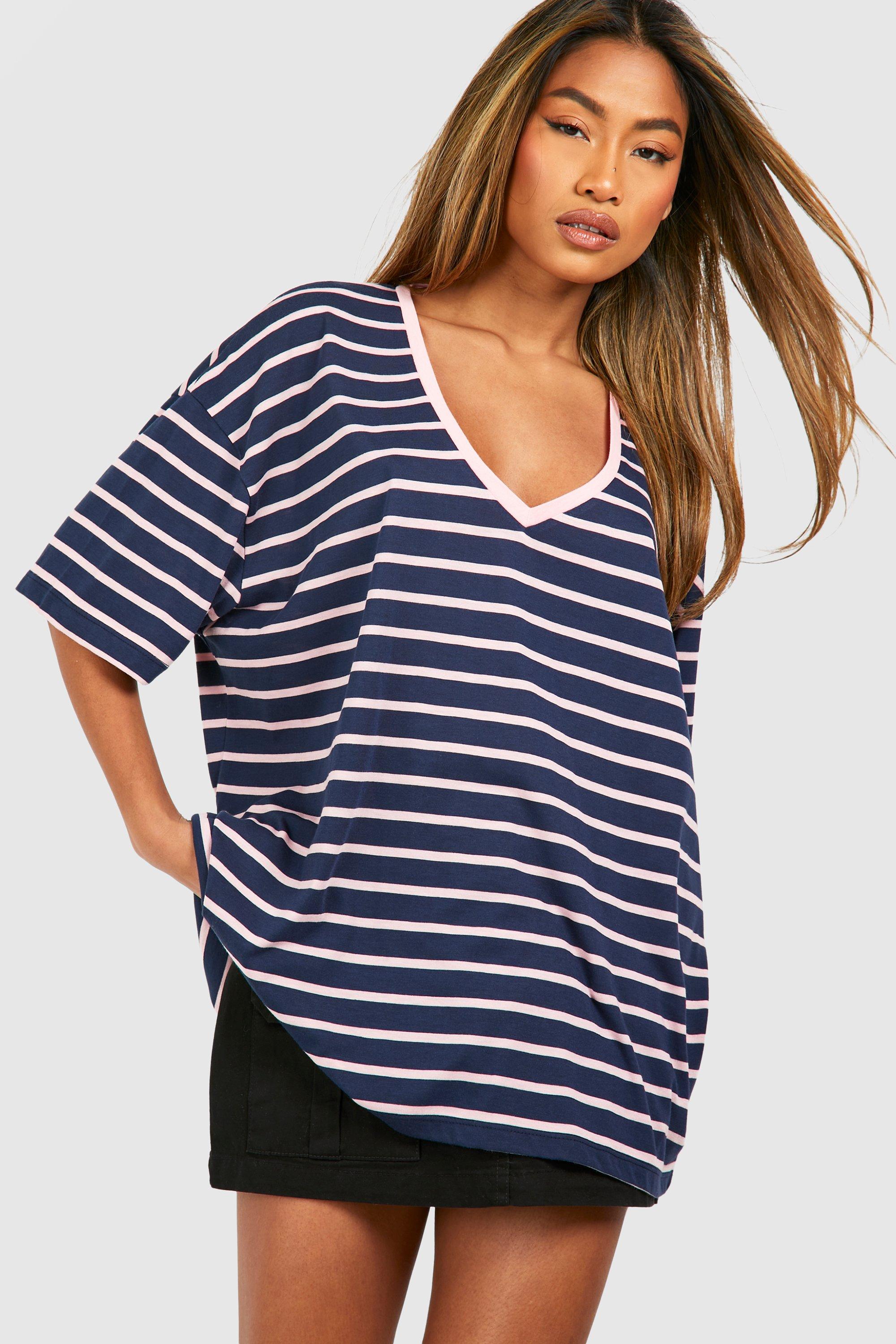 Plus Size Striped Short Sleeve V Neck Tee