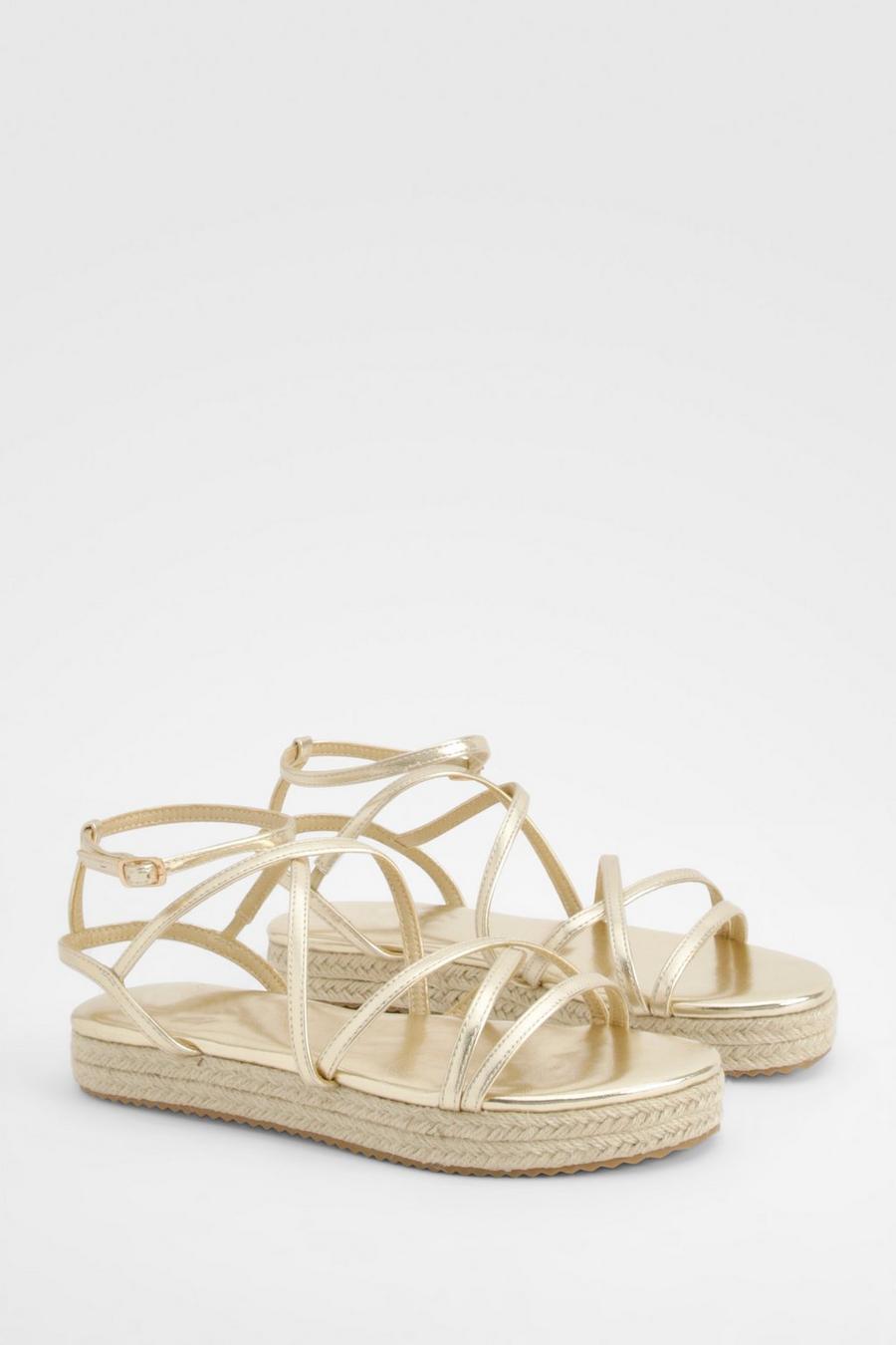 Gold Wide Fit Skinny Strap Flatform Sandals 