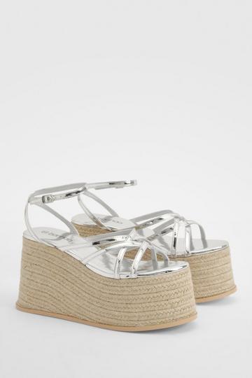 Silver Multi Strap Chunky Sole Wedges