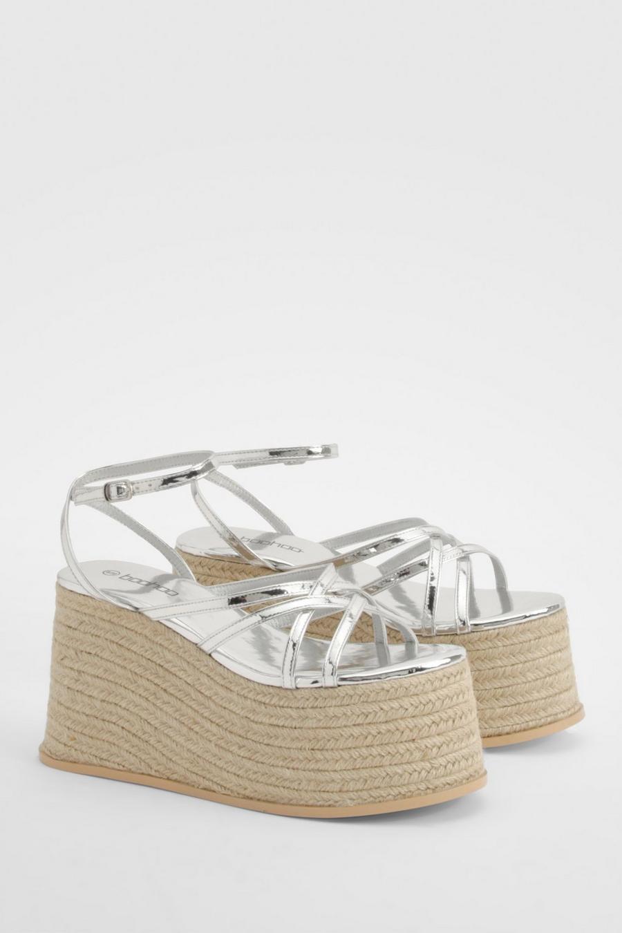 Silver Multi Strap Chunky Sole Wedges  image number 1