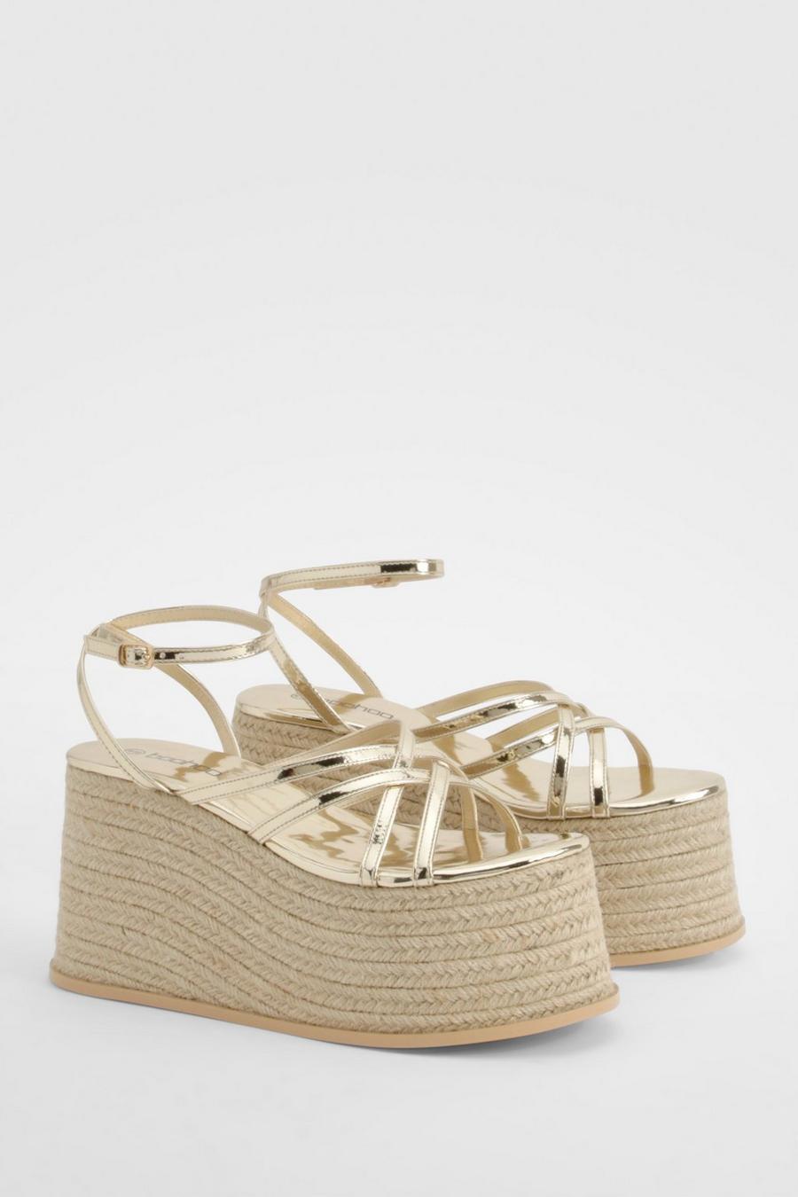 Gold Multi Strap Chunky Sole Wedges image number 1