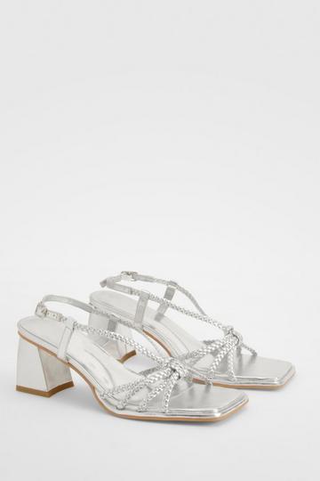 Wide Fit Strappy Plaited Block Heel Sandals silver
