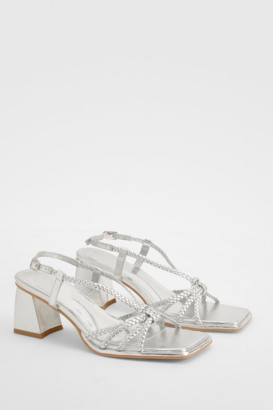 Silver Wide Width Strappy Braided Block Heel Sandals image number 1