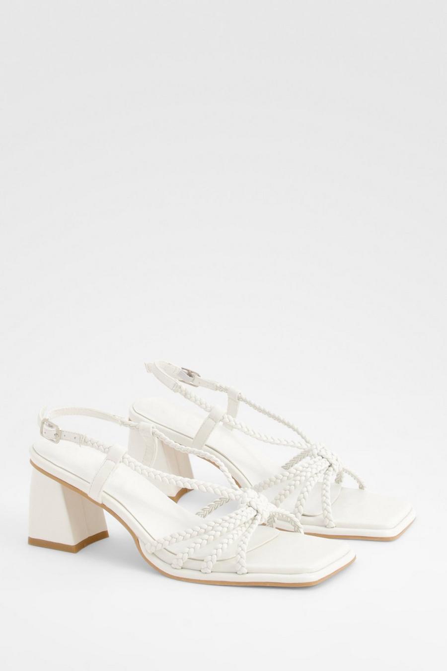 White Wide Fit Strappy Plaited Block Heel Sandals