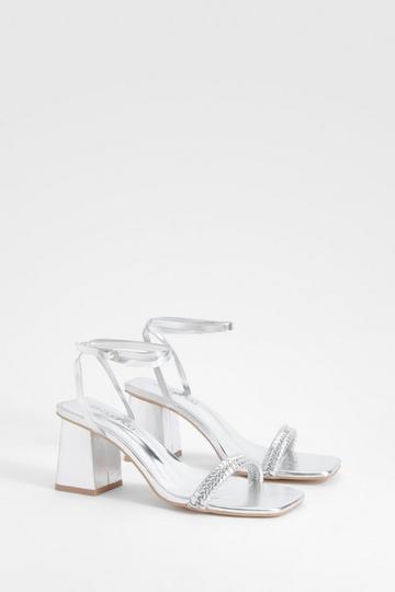 Metallic Woven Strap Block Heel Sandals silver