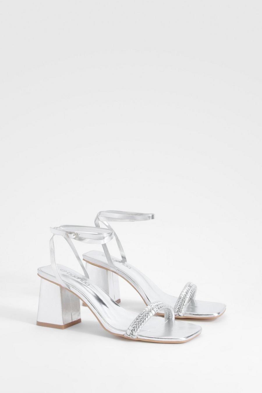 Silver Metallic Woven Strap Block Heel Sandals