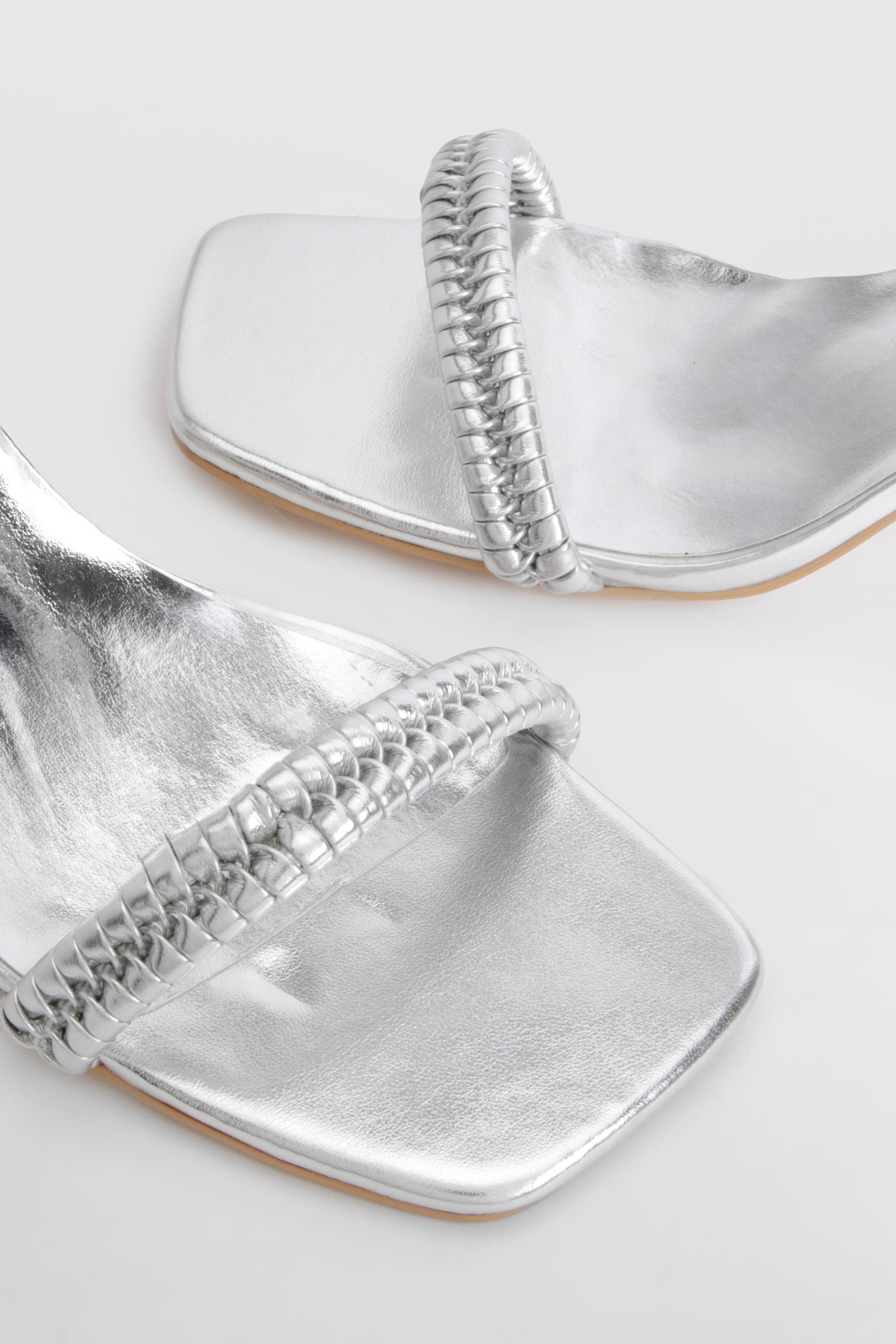 Metallic Woven Strap Block Heel Sandals