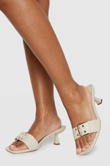 Wide Width Buckle Detail Low Square Toe Heels ecru