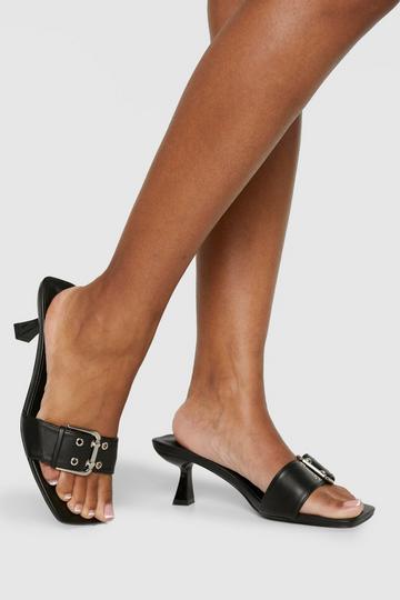 Wide Width Buckle Detail Low Square Toe Heels black