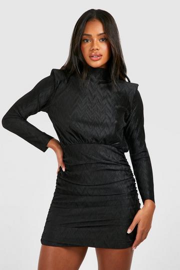 Wave Plisse Ruched Shoulder Pad Mini Dress black