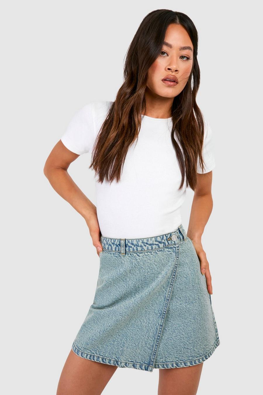 Washed blue Tall Bleach Washed Wrap Denim Skirt  image number 1