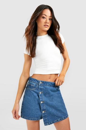 Tall Blue Washed Button Wrap Denim Skort mid blue