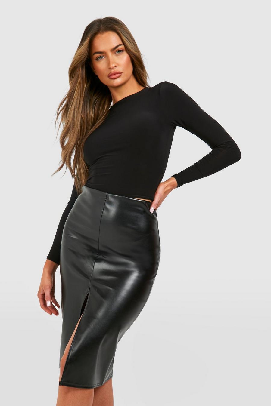 Black Leather Look Split Midi Skirt image number 1