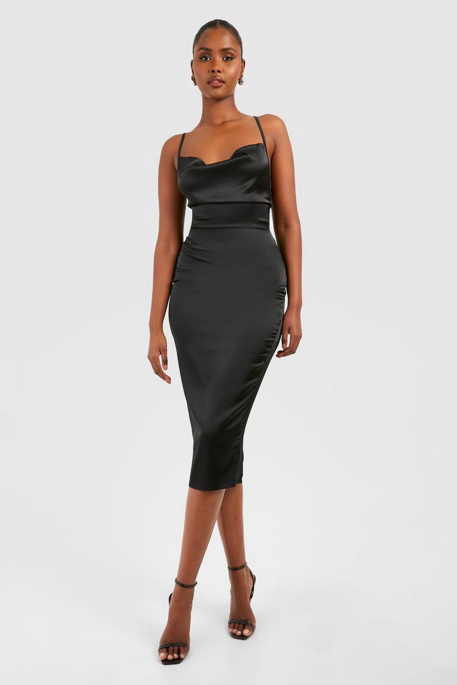 Black Midi Dress - Satin Cowl Neck Dress - High Side Slit Dress