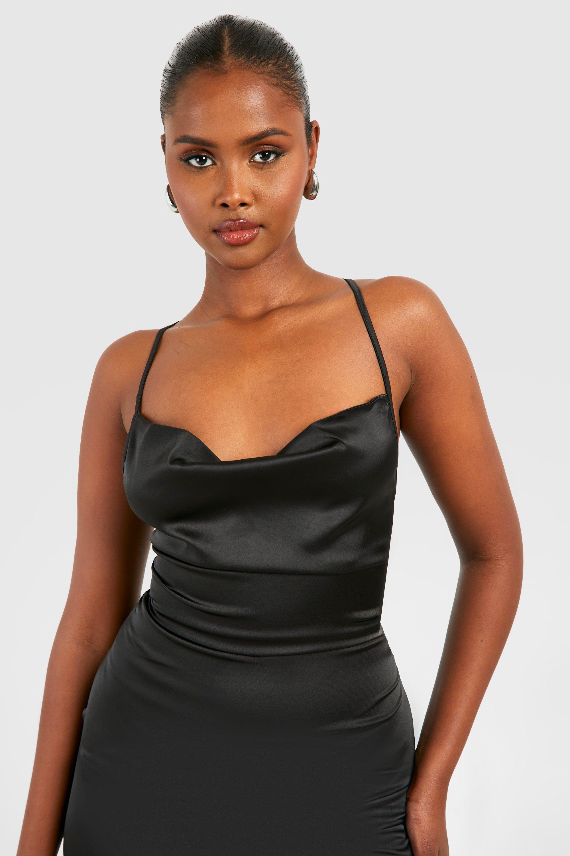 Cowl neck clearance black satin dress