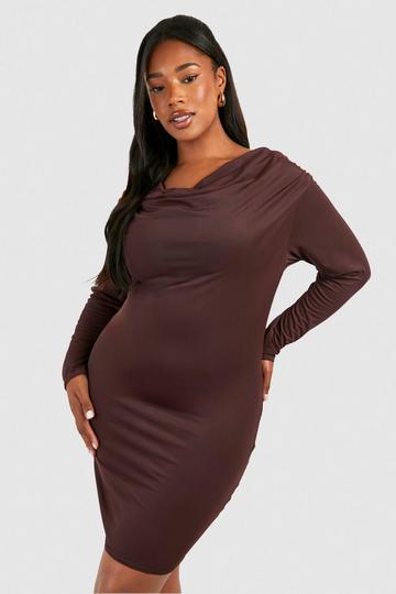 Chocolate Brown Plus Cowl Neck Slinky Mini Dress