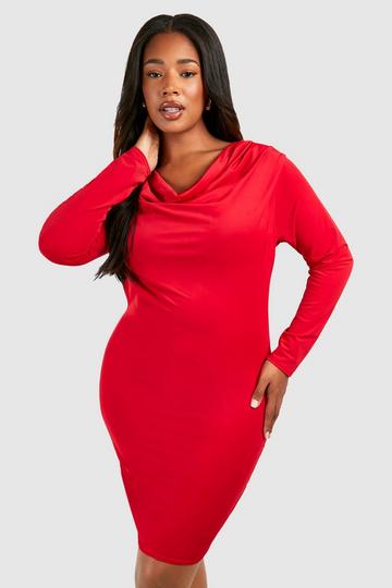 Plus Cowl Neck Slinky Mini Dress red