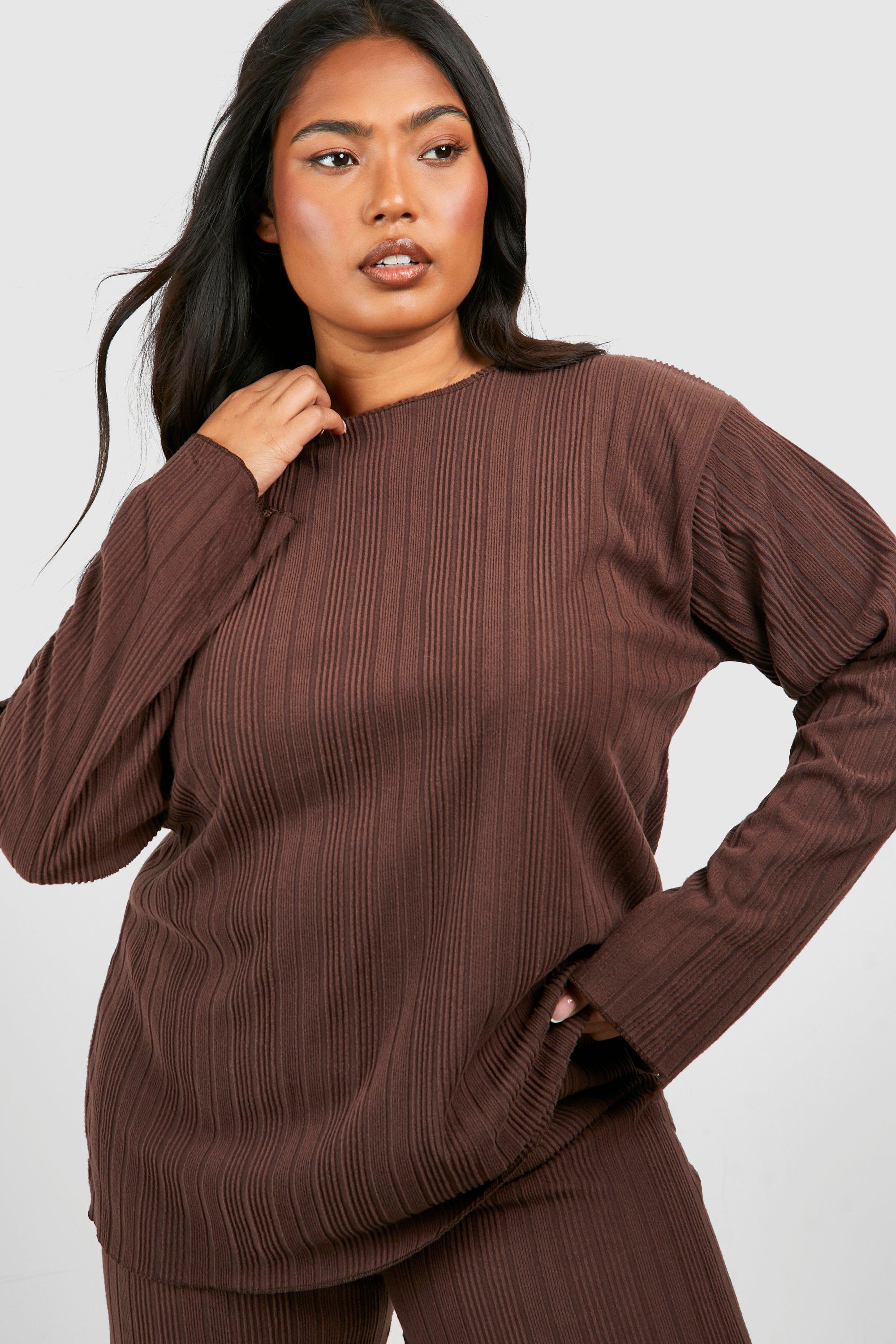 Plus Brown Ribbed Knitted Long Sleeve Collar Top