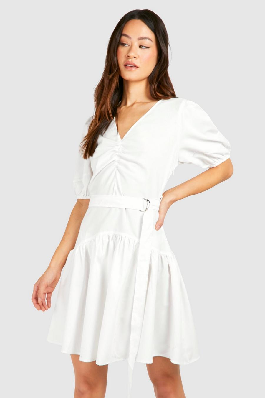 Tall Smok-Kleid mit Puffärmeln und Gürtel, White image number 1