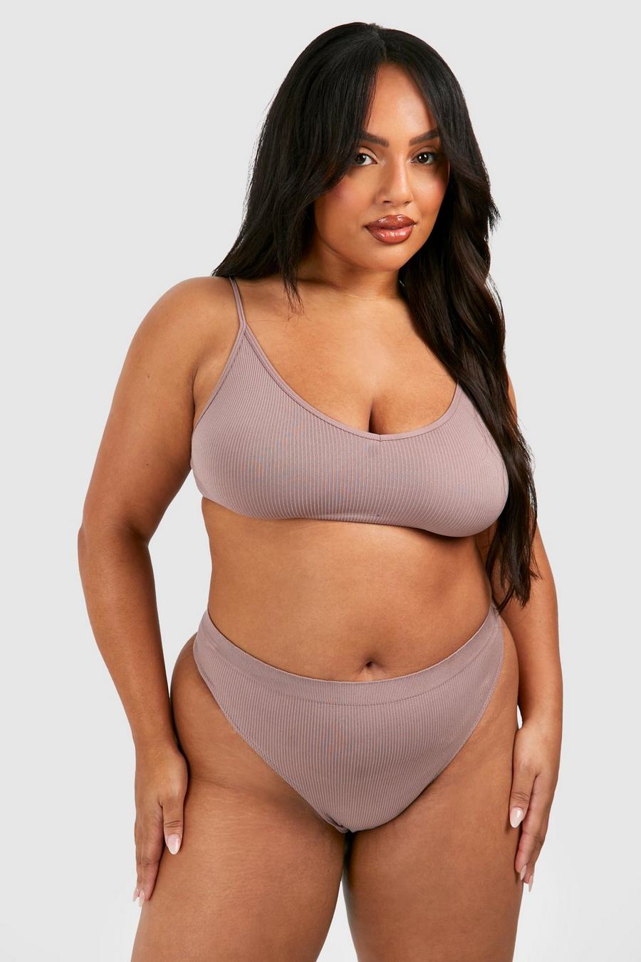 Grande taille - String côtelé sans coutures, Mocha