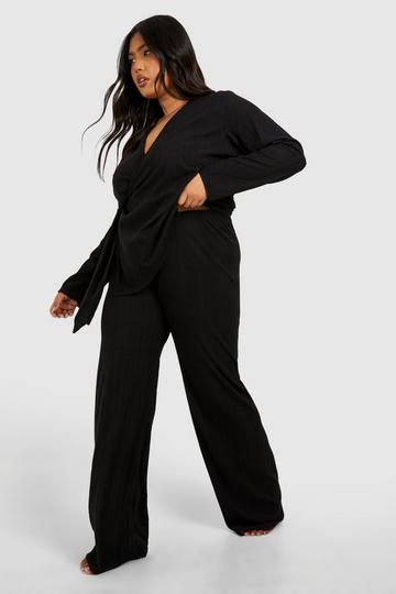 Plus Zachte Geribbelde Lounge Wide Leg Broek black