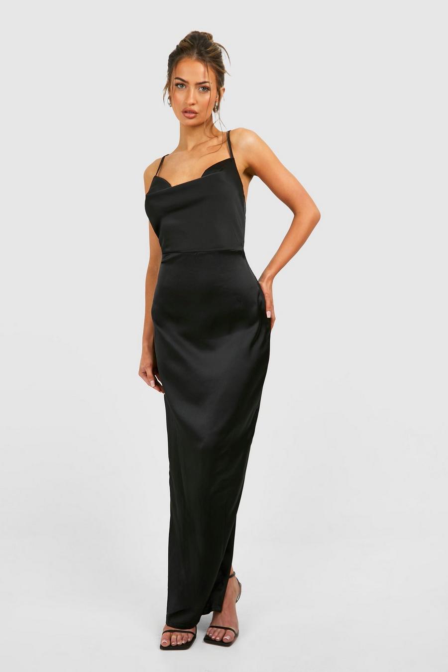 Black Strappy Luxe Satin Cowl Neck Maxi Dress