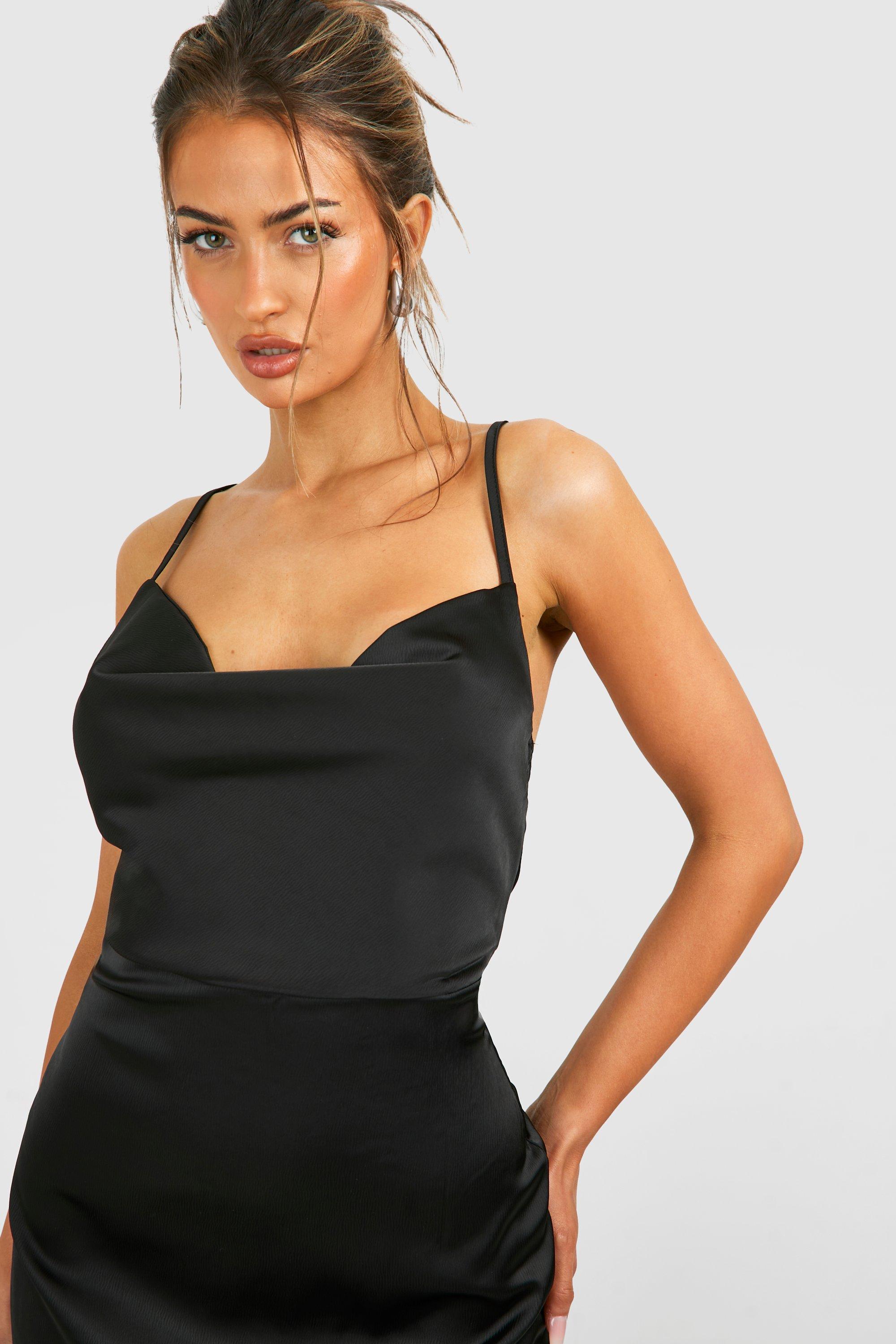 Black strappy satin bodycon dress hotsell