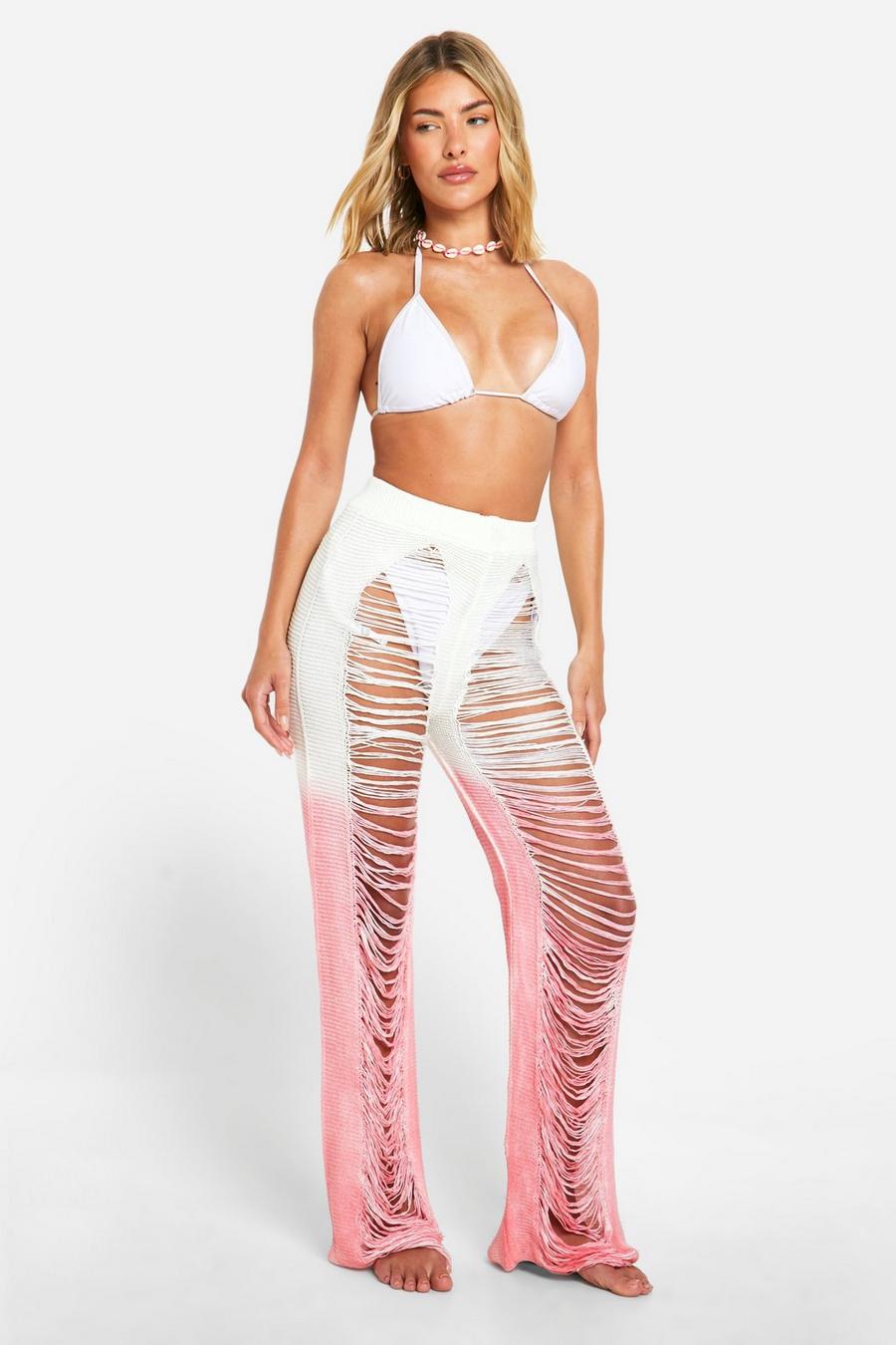 Pink Ombre Fringe Ladder Crochet Beach Trousers image number 1