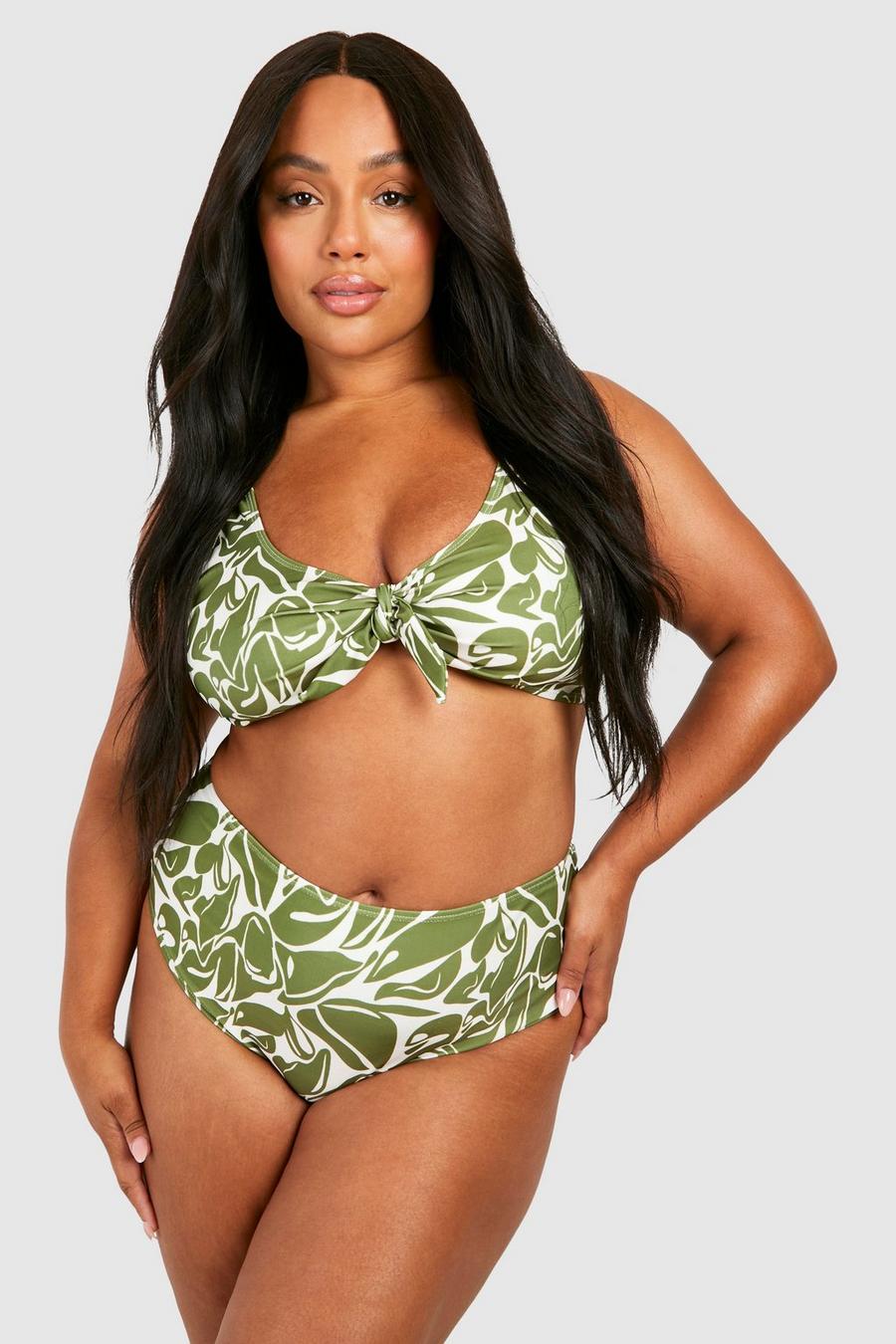 Grande taille - Bikini taille haute à attaches et imprimé abstrait, Green