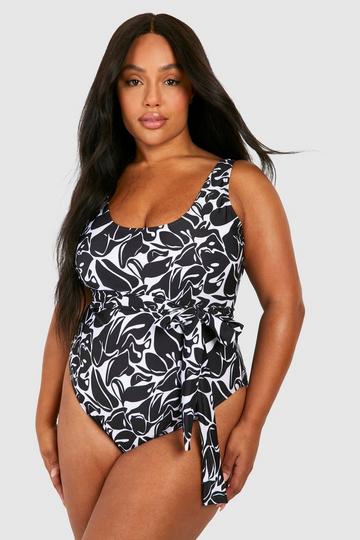 Plus Abstract Tie Waist Swimsuit black