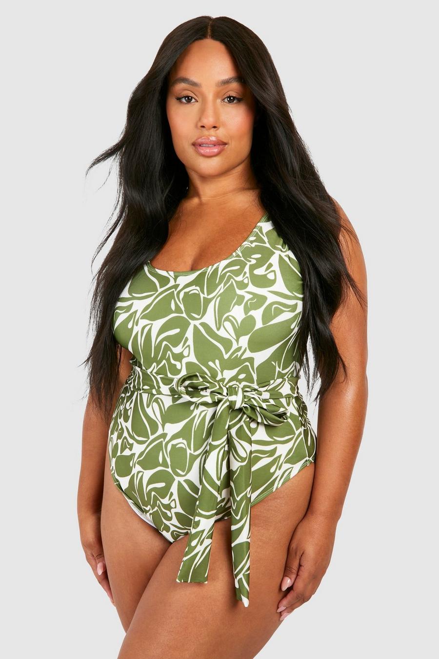 Plus Badeanzug mit abstraktem Print und Bindegürtel, Green image number 1
