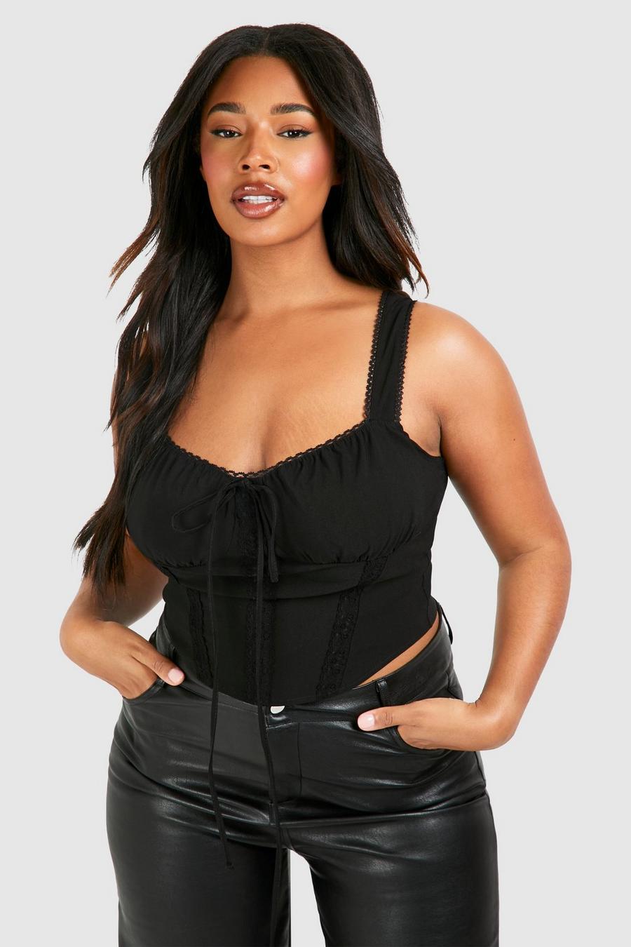 Top a corsetto Plus Size Milkmaid in bengalina, Black image number 1