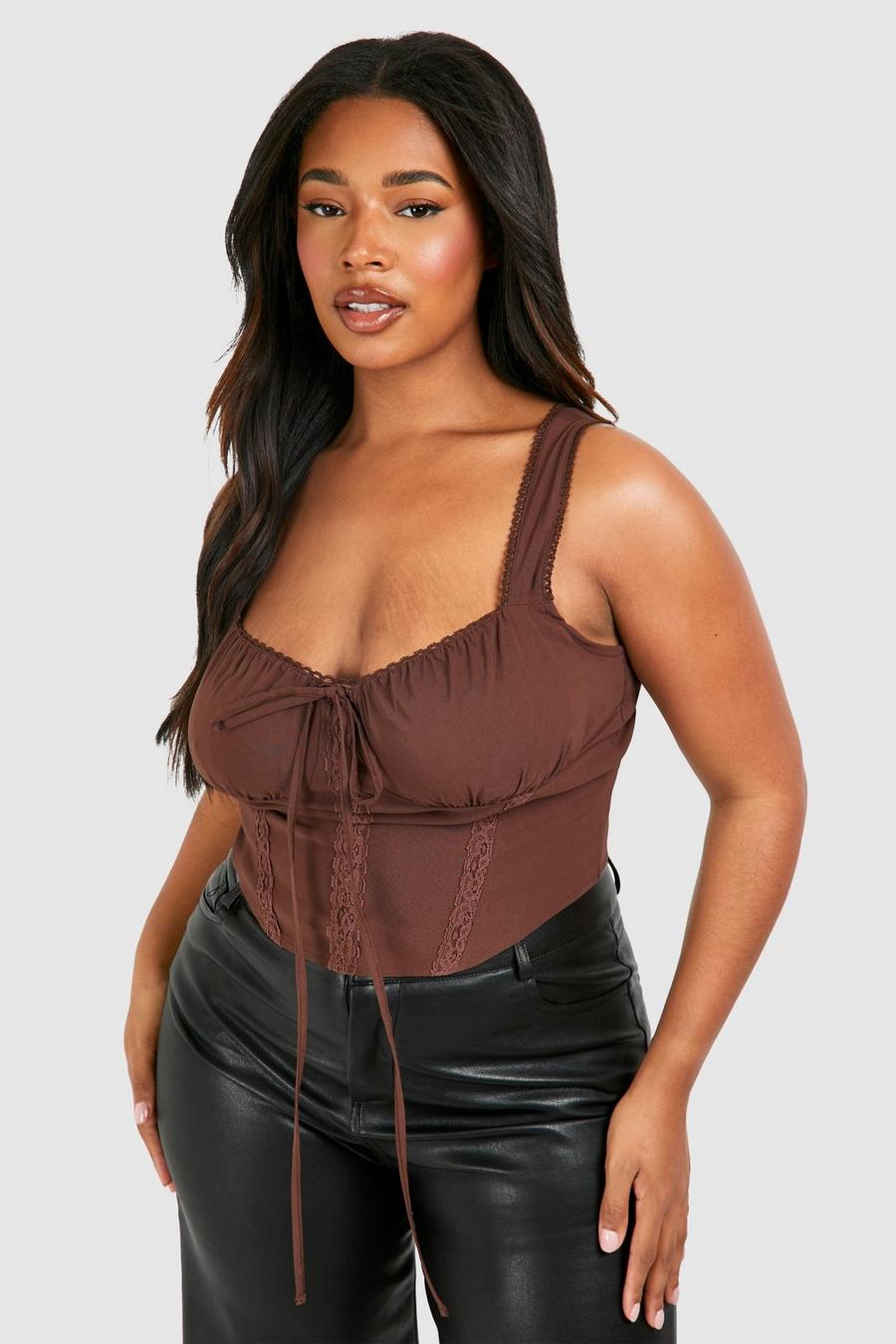 Top a corsetto Plus Size Milkmaid in bengalina, Chocolate image number 1