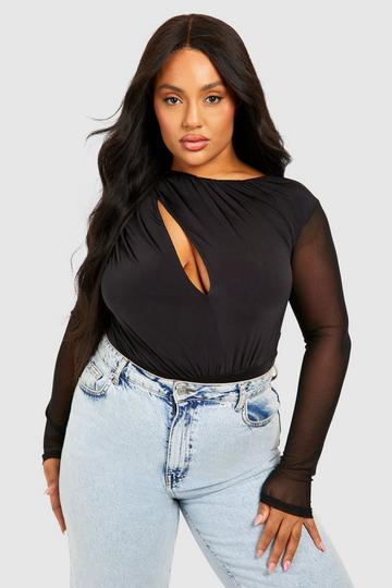 Plus Keyhole Mesh Sleeve Bodysuit black