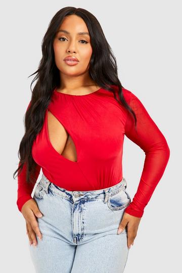 Plus Sleutelgat Bodysuit Met Mesh Mouwen red