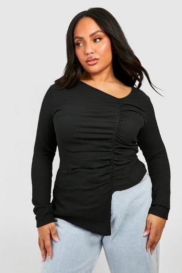 Plus Assymetric Hem Textured Top black