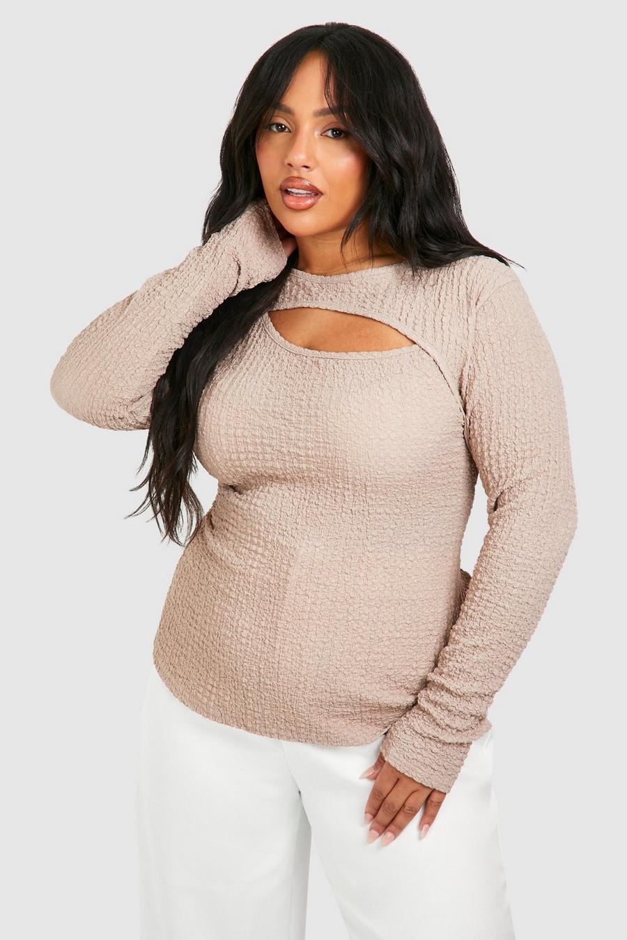Stone beige Plus Textured Keyhole Ruched Top