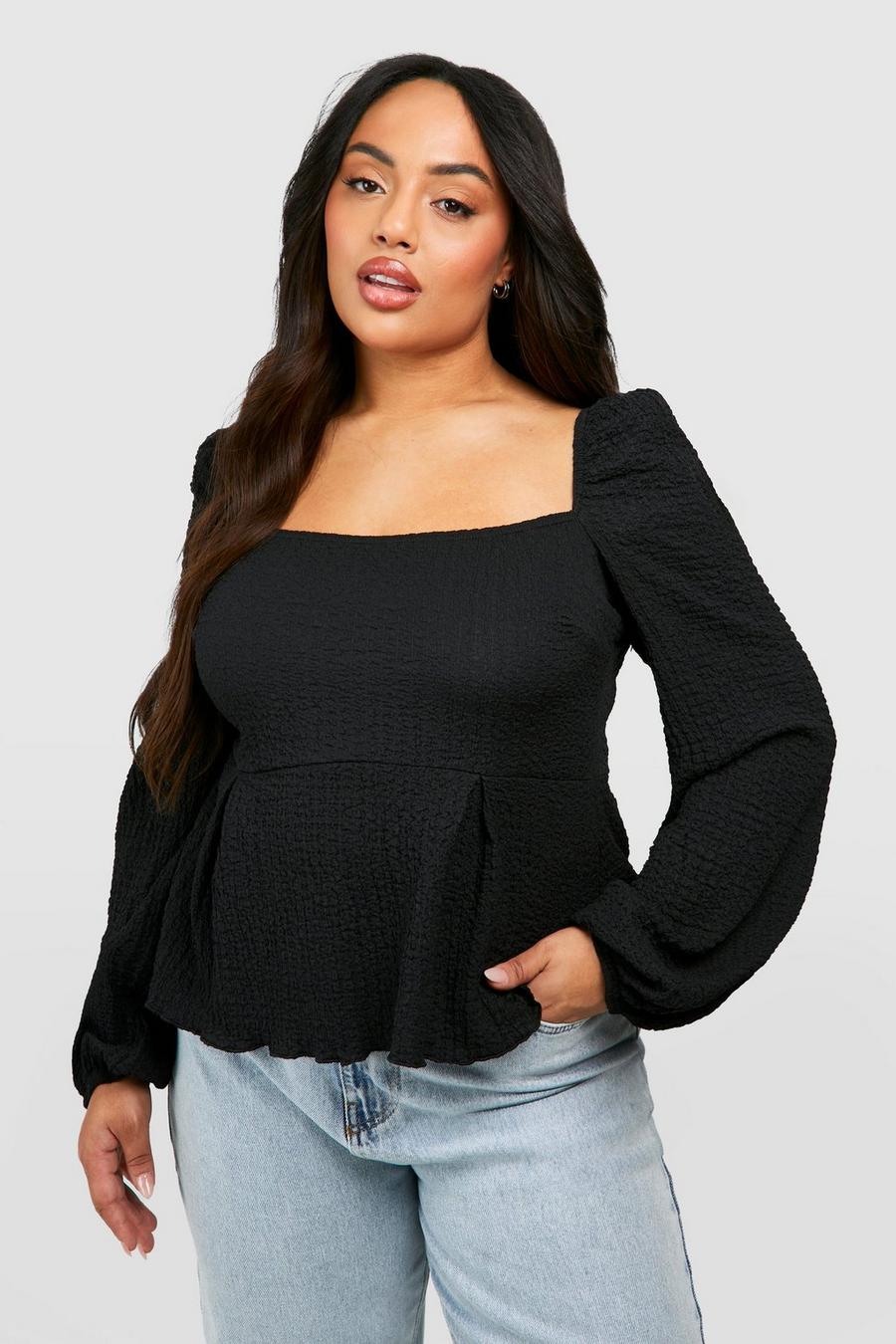 Black Plus Gesmokte Top Met Textuur En Vierkante Hals