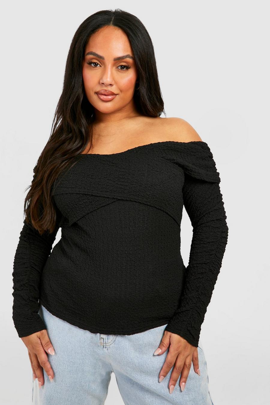 Black Plus Textured Ruched Sleeve Top