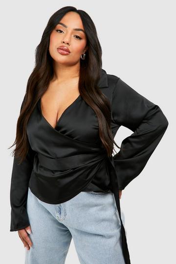 Plus Satin Collared Wrap Top black